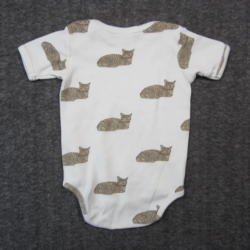 Kate Quinn Bodysuit Baby 6-12M White Brown Cats Snap Organic Cotton Cozy Cute